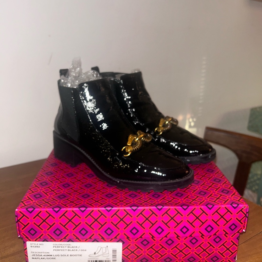 Tory Burch Jessa 45mm lug sole black patent leather booties